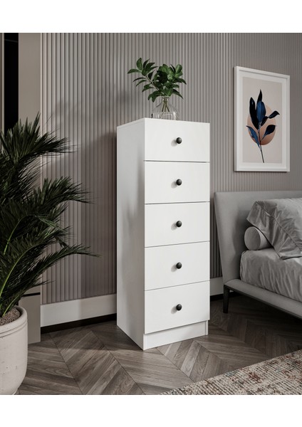 %100 Mdf Moriva 5 Çekmece Şifonyer Soft Beyaz 132 Cm-Animasyonlu fırsatları