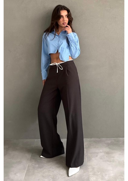 Acı Kahve Çift Bel Bantlı Wide Leg Kadın Pantolon MG2551