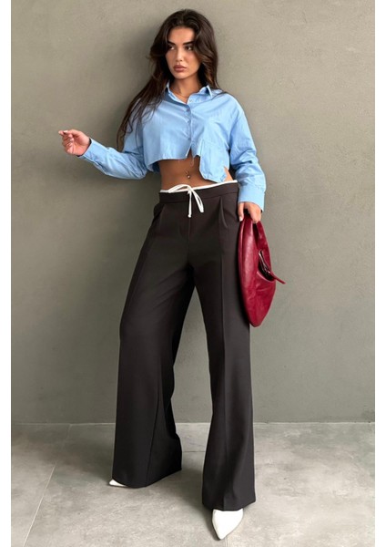 Acı Kahve Çift Bel Bantlı Wide Leg Kadın Pantolon MG2551 fiyatları