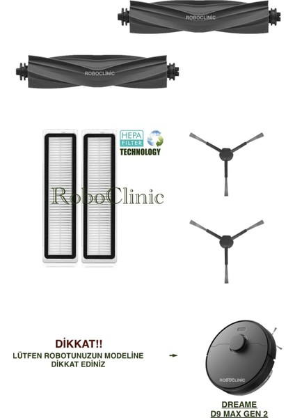 Dreame D9 Max Gen 2 Yedek Ana Fırça, Yan Fırça, Hepa Filtre - 6 Parça