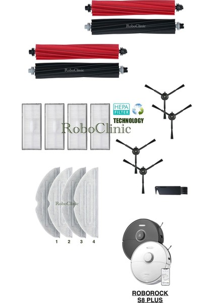 Roborock S8 Plus Yedek Ana Fırça, Yan Fırça, Hepa Filtre, Mop - 17 Parça