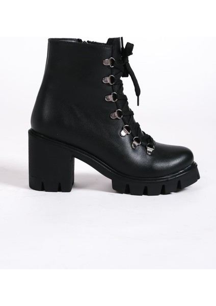 Emma Bağcıklı Fermuarlı Ortopedik Taban Topuklu Kadın Bot Cst - Siyah