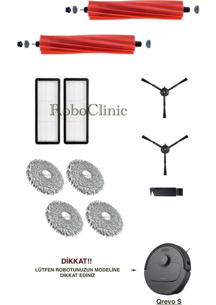 Roborock Qrevo S Siyah Yedek Ana Fırça, Yan Fırça, Hepa Filtre, Mop - 11 Parça