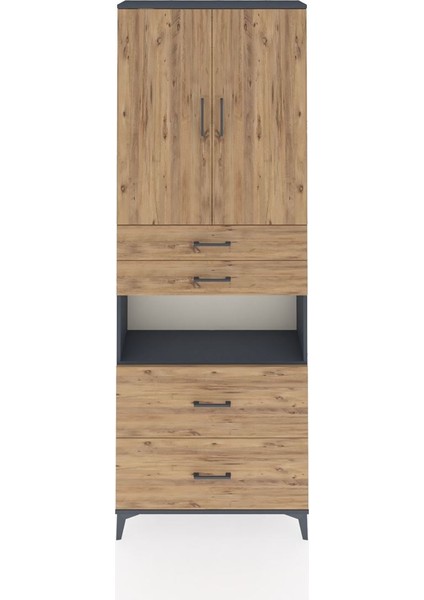 Arges Dolap 4 Raflı 4 Çekmeceli 2 Kapaklı 88X30X243 Antrasit-Çam