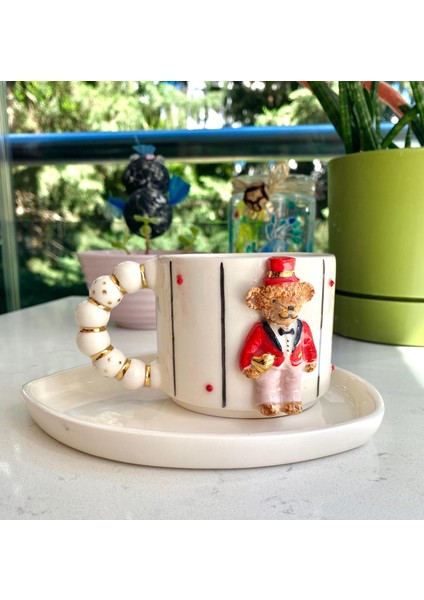 El Yapımı Seramik Gerçek 24K Altın Dekorlu Damat Teddy Kupa