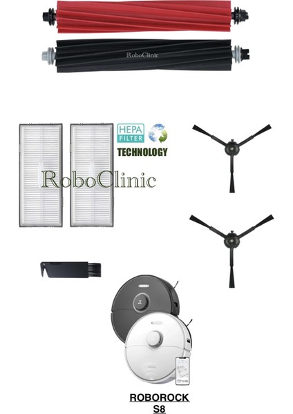 Roborock S8 Yedek Ana Fırça, Yan Fırça, Hepa Filtre - 7 Parça