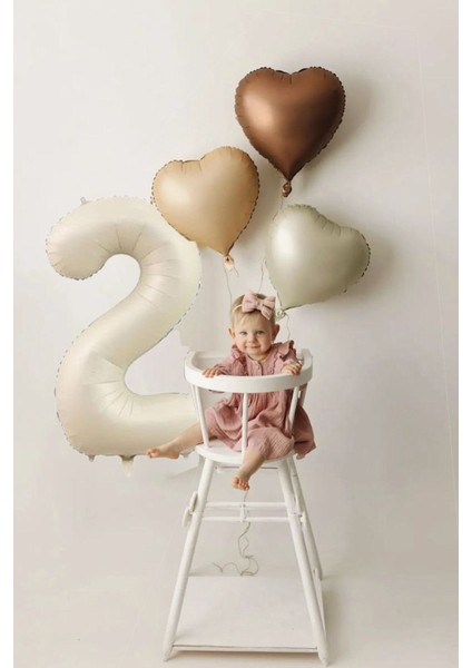 2 Yaş Doğum Günü Retro Pastel Parti Balon Seti 3 Adet Retro Kalp Balon 2 Rakam Krem Folyo Balon
