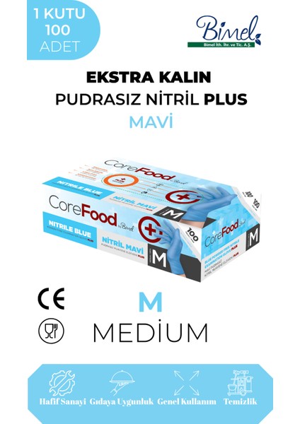 Ekstra Kalın Nitril Mavi Plus Muayene Eldiveni M - 1 Paket 100'LÜ