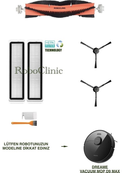 Dreame Vacuum Mop D9 Max Yedek Ana Fırça, Yan Fırça, Hepa Filtre - 7 Parça