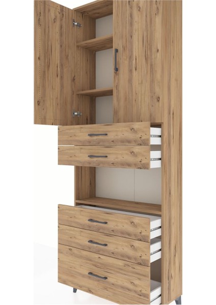Arges Dolap 4 Raflı 5 Çekmeceli 2 Kapaklı 88X30X243 Çam-Çam indirimleri