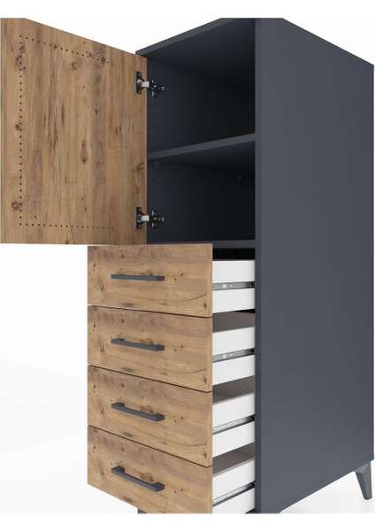 Kronos Dolap 2 Raflı 4 Çekmeceli Tek Kapaklı 44X59X134 Antrasit-Çam indirimleri