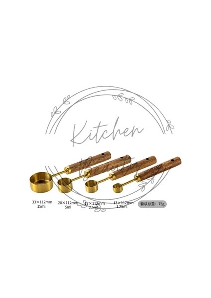 4 Adet Gold Paslanmaz Çelik Ahşap Saplı Ölçü Kaşığı Seti Ölçü Kabı 1.25ML 2.5ml 5ml 15ML modelleri