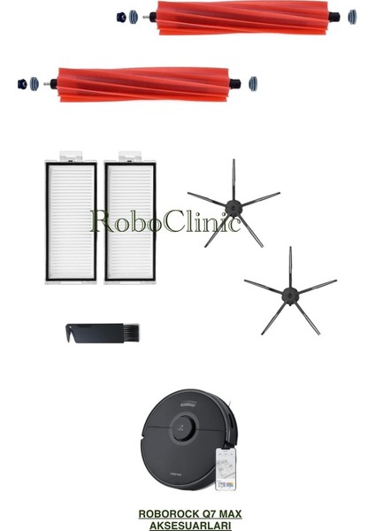 Roborock Q7 Max Siyah Yedek Ana Fırça, Yan Fırça, Hepa Filtre - 7 Parça