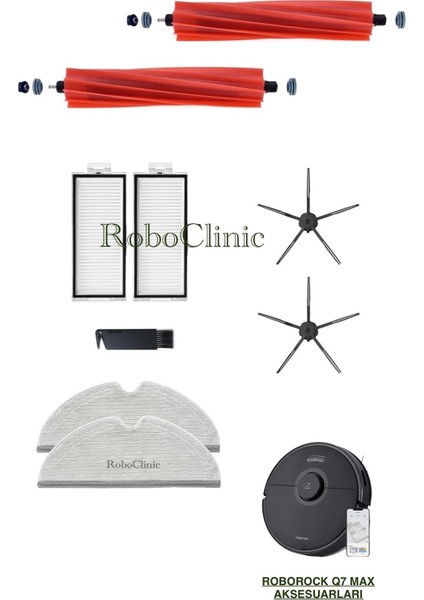 Roborock Q7 Max Siyah Yedek Ana Fırça, Yan Fırça, Hepa Filtre, Mop - 9 Parça