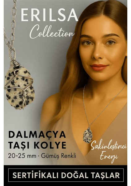 Sertifikalı Gümüş Tel Sargılı Doğal Dalmaçya Jasper Taşı Kolye – 25-30 mm Neşe ve Denge Taşı