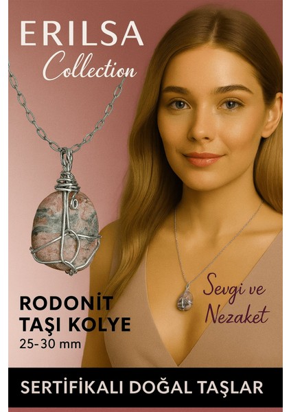 Sertifikalı Gümüş Tel Sargılı Doğal Rodonit Taşı Kolye – 25-30 mm Sevgi ve Şefkat Taşı
