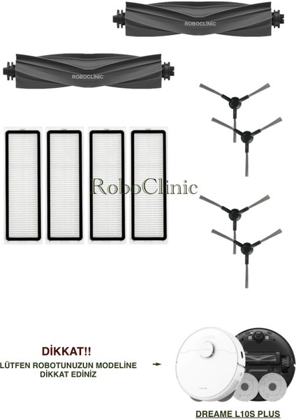Dreame L10S Plus Yedek Ana Fırça, Yan Fırça, Hepa Filtre - 10 Parça