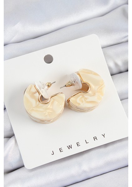 Pirinç Mermer Desenli Vintage Yarım Halka Model Gold Renk Kadın Küpe