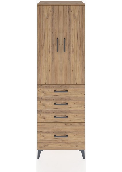 Hyperion Dolap Tek Raflı 4 Çekmeceli Tek Askılı 60X44X195 Çam-Çam