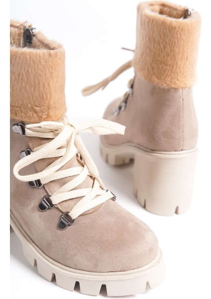 Emma Bağcıklı Fermuarlı Ortopedik Taban Topuklu Kürk Detaylı Süet Kadın Bot Stt - Ten indirimleri