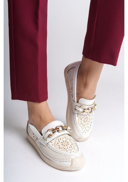 Layla Bağcıksız Ortopedik Rahat Taban Çiçek Desenli Kadın Babet Ayakkabı Ckt - Beyaz