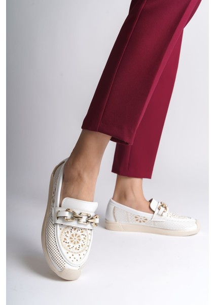 Layla Bağcıksız Ortopedik Rahat Taban Çiçek Desenli Kadın Babet Ayakkabı Ckt - Beyaz fiyatları