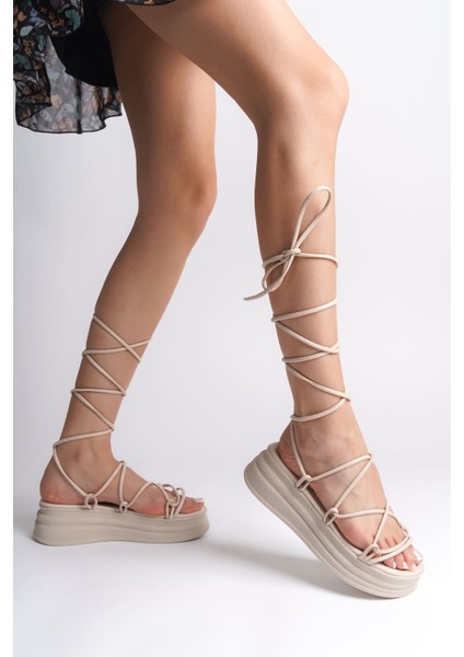 Samantha Bilekten Bağlamalı Ortopedik Taban Kadın Terlik Ckt - Krem