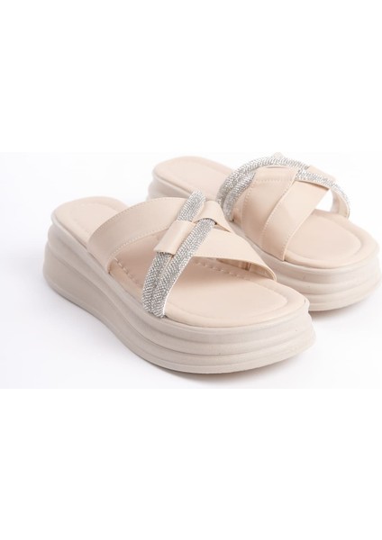 Ruby Düz Topuklu Taşlı Çapraz Şeritli Kalın ve Ortopedik Taban Kadın Terlik Ckt - Krem fırsatları