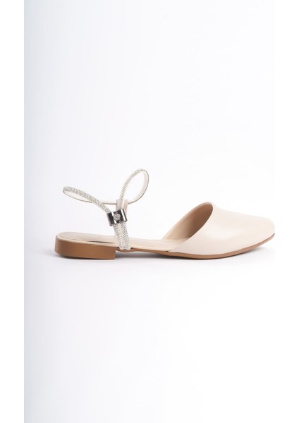 Arıana Lastikli Ortopedik Rahat Taban Bilekten Taş Detaylı Kadın Babet Ayakkabı Ckt - Krem