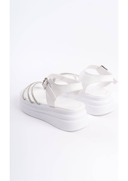 Eva Kalın Tokalı Taşlı Şeritli Ortopedik Taban Kadın Sandalet Cbt - Beyaz indirimleri