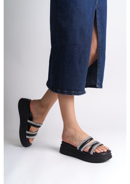 Elıse Düz Topuklu Şeritli Taşlı Kalın ve Ortopedik Taban Kadın Terlik Cst - Siyah