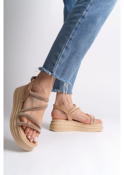 Rıley Ince Tokalı Taşlı Şeritli Ortopedik Taban Kadın Sandalet Ctt - Ten