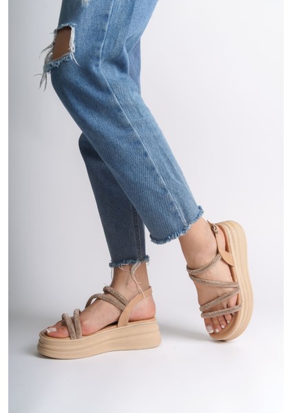 Rıley Ince Tokalı Taşlı Şeritli Ortopedik Taban Kadın Sandalet Ctt - Ten modelleri