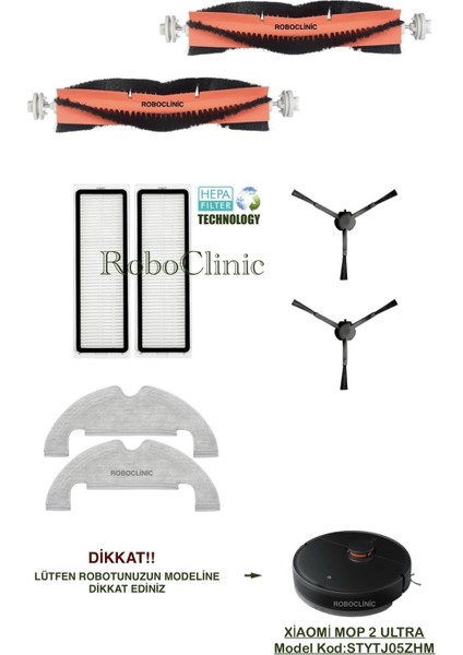 Xiaomi Mi Vacuum Mop 2 Ultra Yedek Ana Fırça, Yan Fırça, Hepa Filtre, Mop - 8 Parça