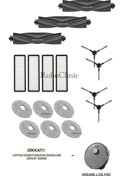 Dreame L10S Pro Yedek Ana Fırça, Yan Fırça, Hepa Filtre, Mop - 17 Parça
