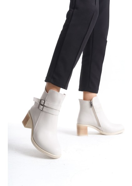 Noemı Tokalı Fermuarlı Ortopedik Taban Topuklu Kadın Bot Ckt - Krem
