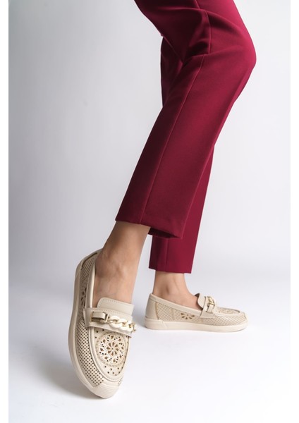 Lızy Bağcıksız Ortopedik Rahat Taban Çiçek Desenli Kadın Babet Ayakkabı Ckt - Krem