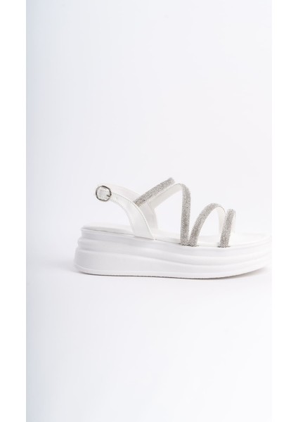 Rıley Ince Tokalı Taşlı Şeritli Ortopedik Taban Kadın Sandalet Cbt - Beyaz