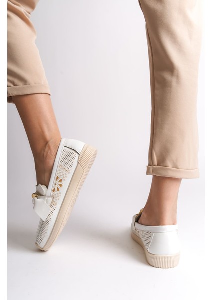 Lydıa Bağcıksız Ortopedik Rahat Taban Çiçek Desenli Kadın Babet Ayakkabı Ckt - Beyaz modelleri