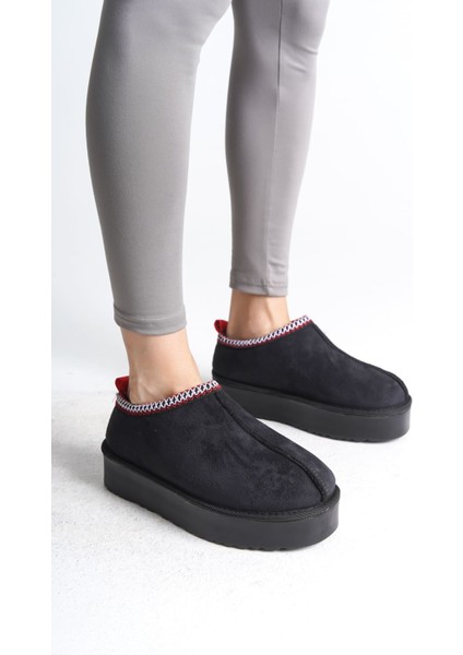 Leıla Bağcıksız Düz ve Kalın Taban Içi Kürklü Kısa Süet Kadın Bot Sst - Siyah