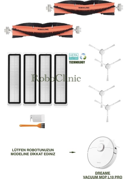 Dreame Vacuum Mop L10 Pro Beyaz Yedek Ana Fırça, Yan Fırça, Hepa Filtre - 12 Parça