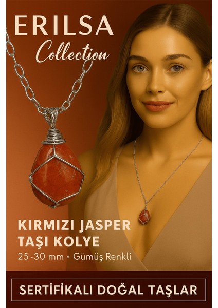 Sertifikalı Gümüş Tel Sargılı Doğal Kırmızı Jasper Taşı Kolye – 25-30 mm Enerji ve Güç Taşı