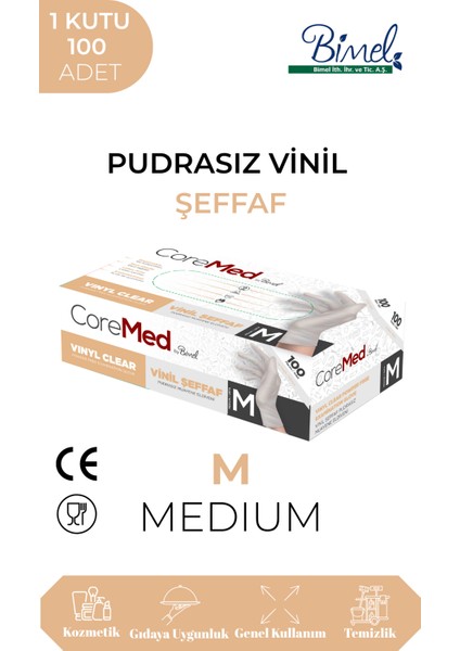Vinil Şeffaf Muayene Eldiveni M - 1 Paket 100'LÜ
