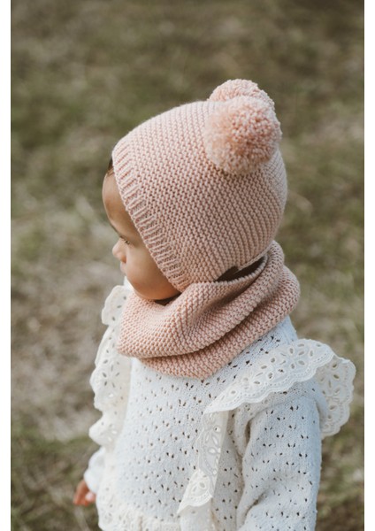 Ponponlu Unisex El Örgüsü Bebek/çocuk Bere-Boyunluk Takımı
