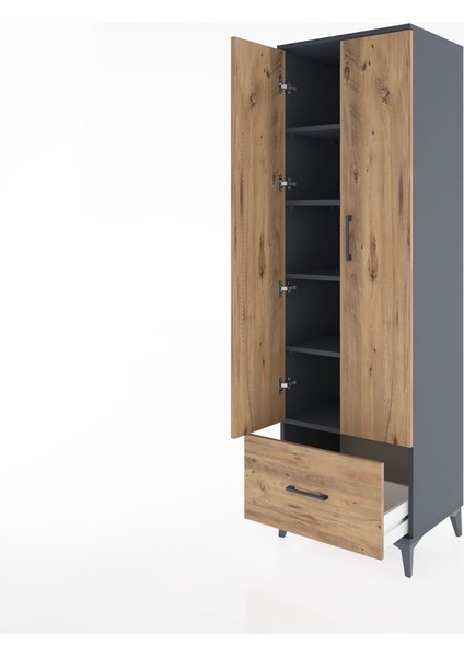 Hyperion Dolap 5 Raflı Tek Çekmeceli 2 Kapaklı 60X44X195 Antrasit-Çam fırsatları