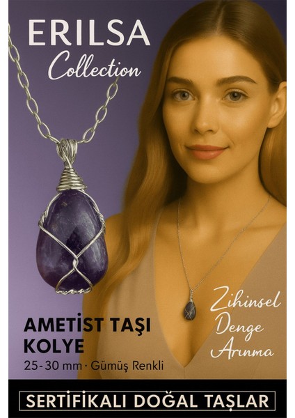 Sertifikalı Gümüş Tel Sargılı Doğal Koyu Ametist Taşı Kolye – 30-35 mm Huzur ve Sezgi Taşı