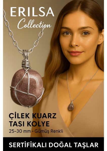 Sertifikalı Gümüş Tel Sargılı Doğal Çilek Kuvars Taşı Kolye – 25-30 mm Sevgi ve Pozitif Enerji Taşı