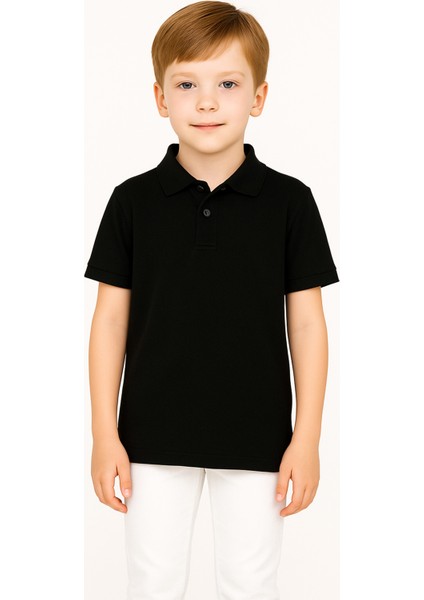 Çocuk Polo Yaka Tişört | Siyah | %100 Pamuk | Unisex | Okul & Günlük Kullanım