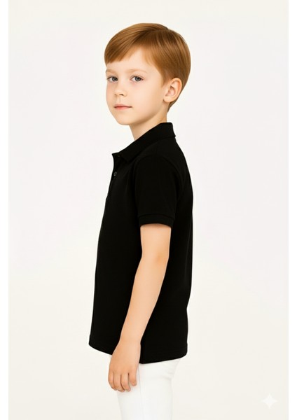 Çocuk Polo Yaka Tişört | Siyah | %100 Pamuk | Unisex | Okul & Günlük Kullanım