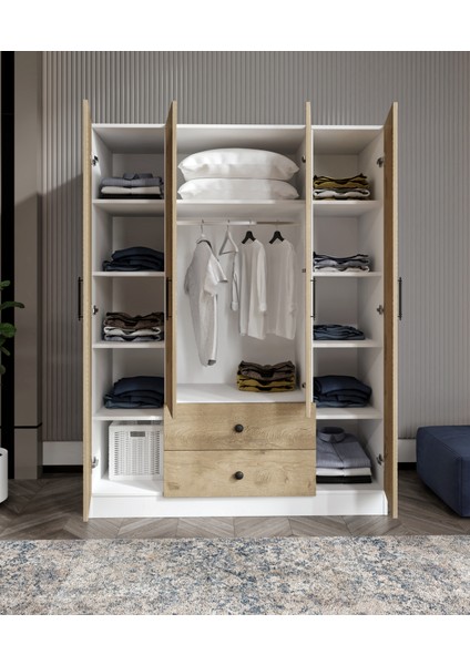 %100 Mdf 4 Kapaklı 2 Çekmeceli 12 Raflı Elbise Dolabı – Gardırop 182X140X52 cm Meşe Soft Beyaz – Animasyonlu / Moriva modelleri
